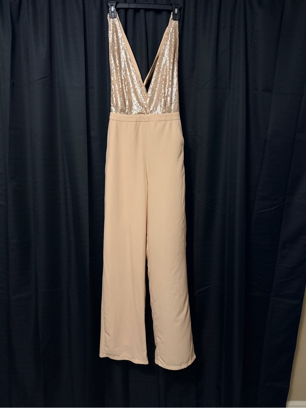 Lulu's Champagne Sequin Bodice Wide-Leg Jumpsuit